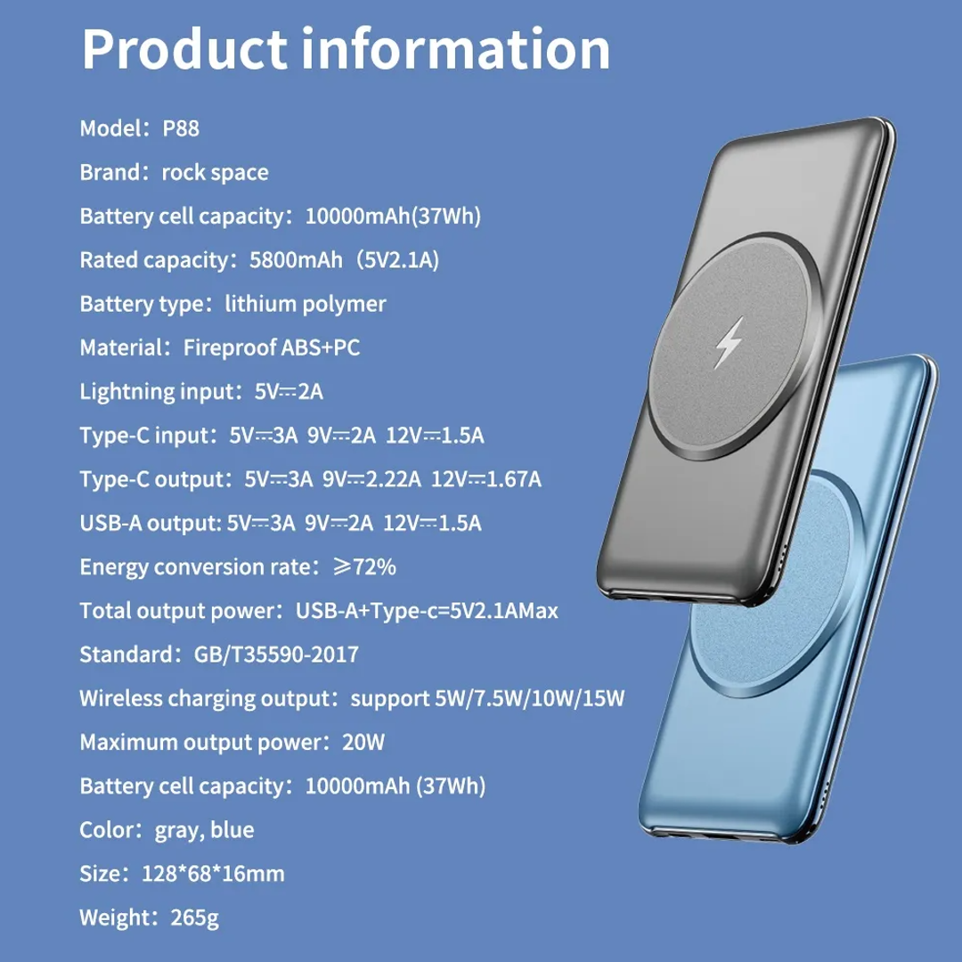 Rock Space - Magnetic Wireless PD 10000 mAh Fast Wireless Charger