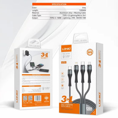 LDNIO 100W Turbo 3 In 1 Multi Connector Fast Charge Cable