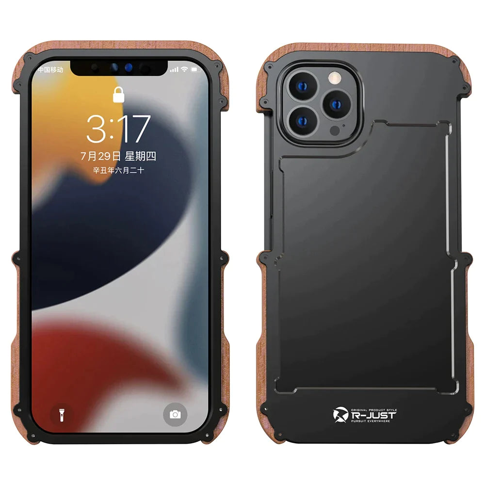 iPhone 15 Series R-Just Aluminium Natural Wood Anti Shock Bumper Case