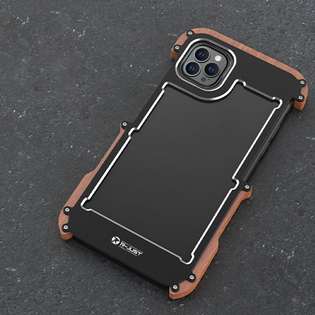iPhone 13 Series R-Just Aluminium & Natural Wood Anti-shock Bumper Case